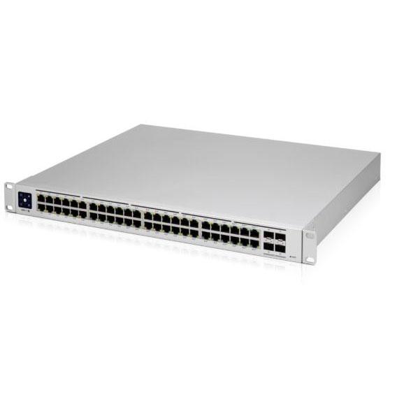 Ubiquiti UniFi USW-PRO-POE-48-POE Gen 2, a 48-port Gigabit switch with PoE capabilities, featuring a touchscreen display and integrated cooling fans.