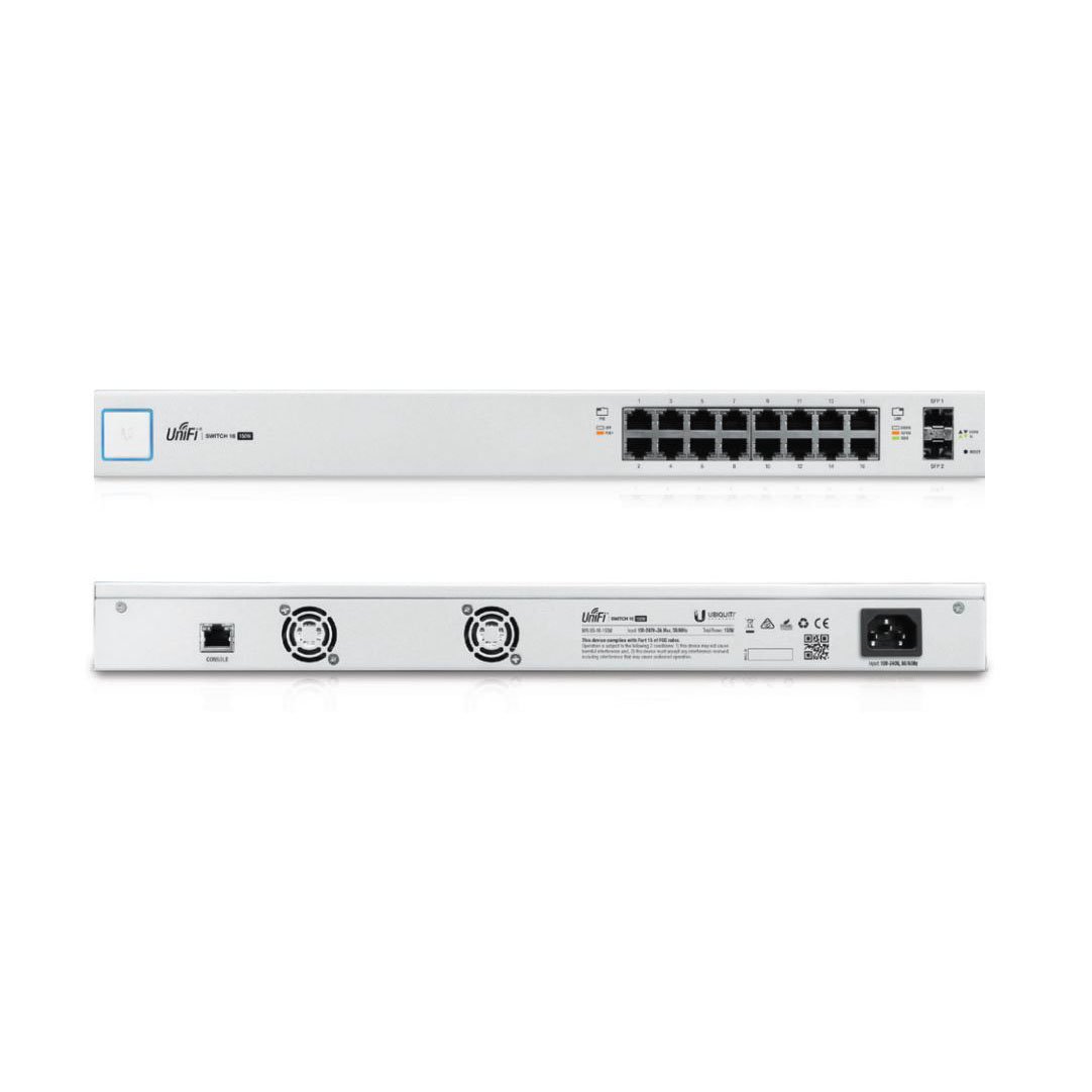 Ubiquiti UniFiSwitch 16-Port Gigabit PoE switch with SFP ports, showcasing its robust design and multiple connectivity options.