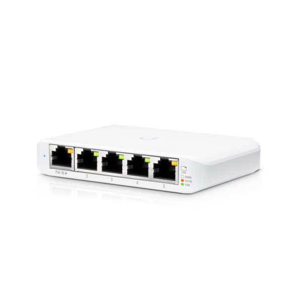 UBIQUITI USW Flex Mini managed Gigabit switch with 5 RJ45 ports and USB Type-C power adapter.