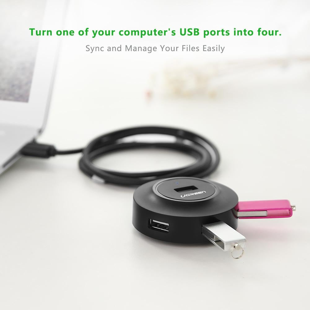 UGREEN 20277 4-Port USB 2.0 Hub with four USB ports and an 80cm cable, ideal for connecting multiple devices.