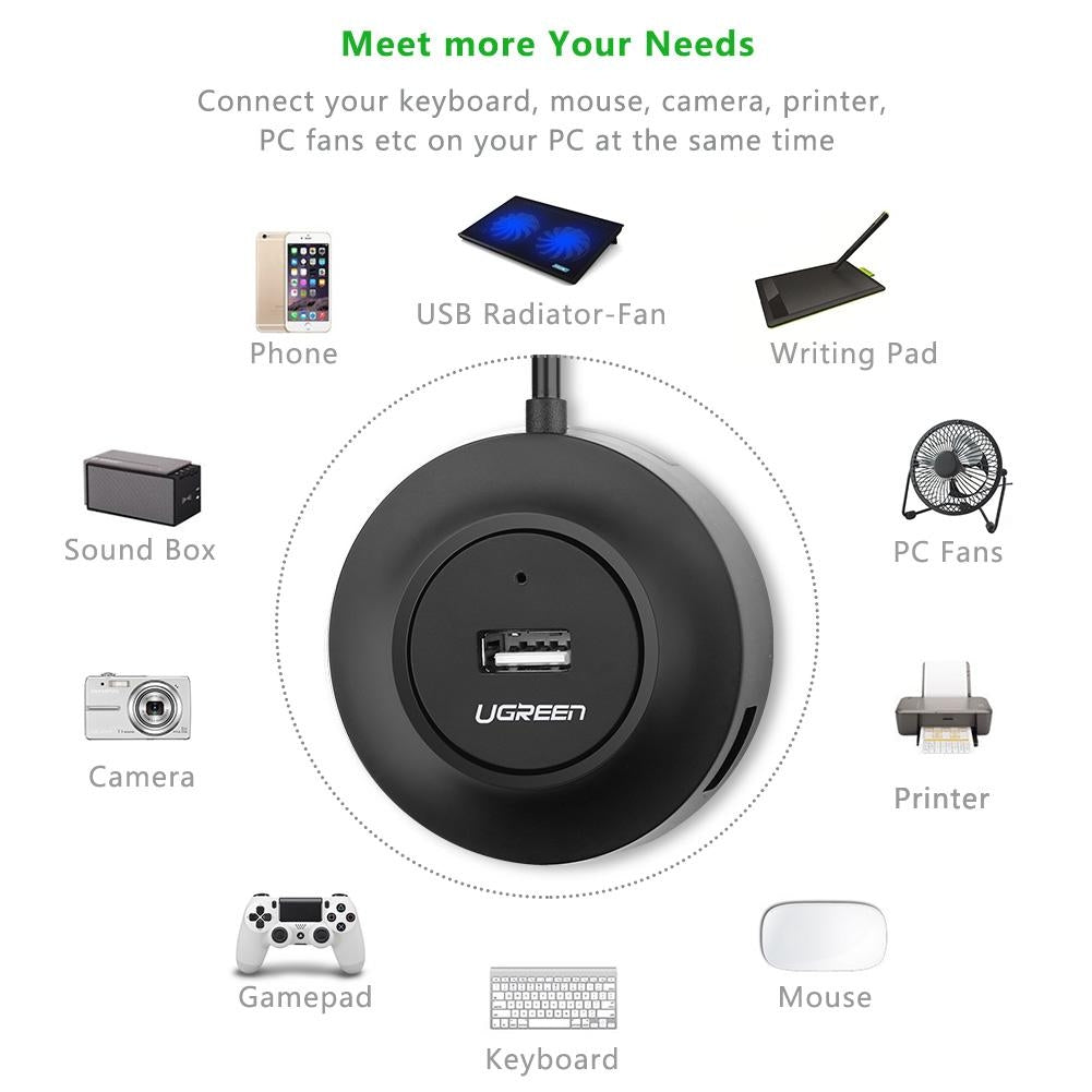 UGREEN 20277 4-Port USB 2.0 Hub with four USB ports and an 80cm cable, ideal for connecting multiple devices.