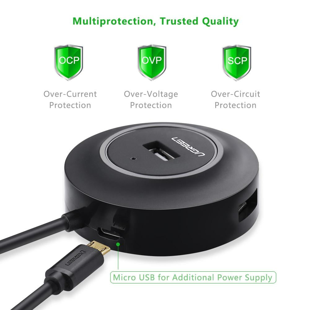 UGREEN 20277 4-Port USB 2.0 Hub with four USB ports and an 80cm cable, ideal for connecting multiple devices.