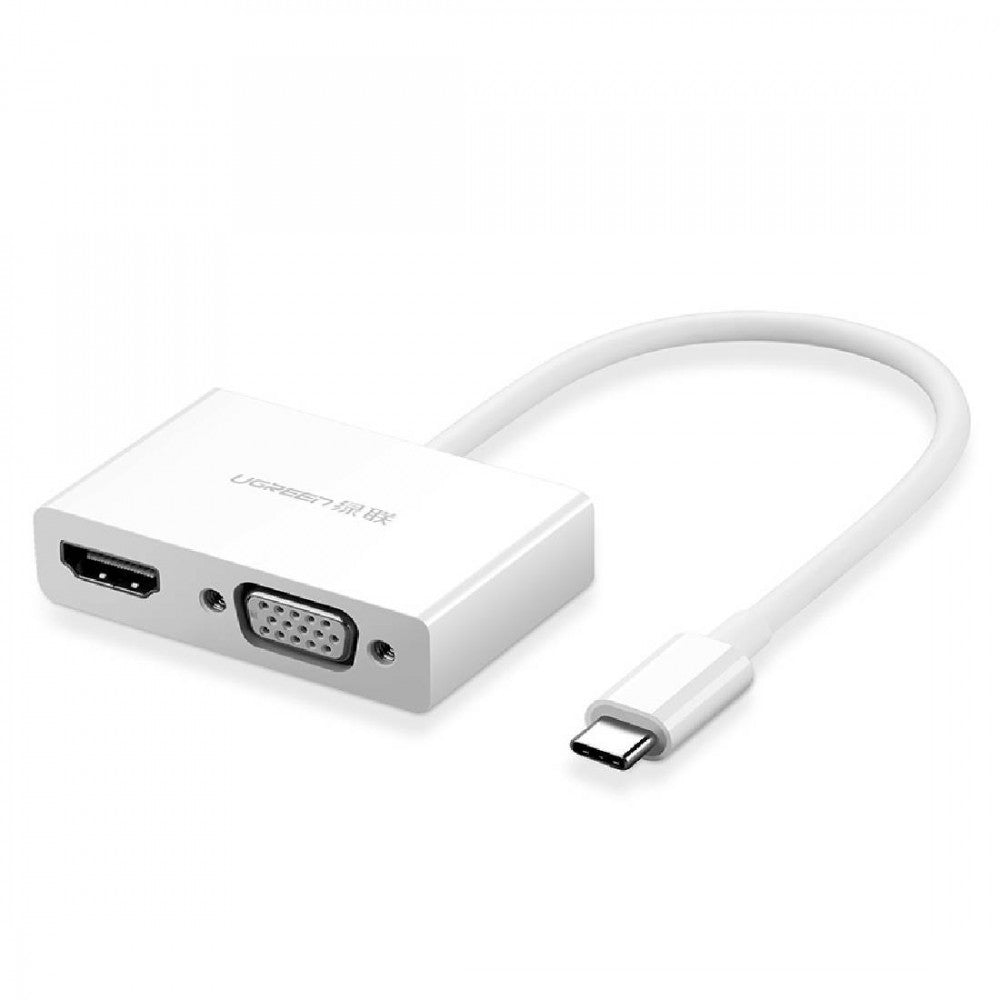 UGREEN 30843 Type-C to HDMI VGA Converter in white, showcasing dual ports for HDMI and VGA connections.