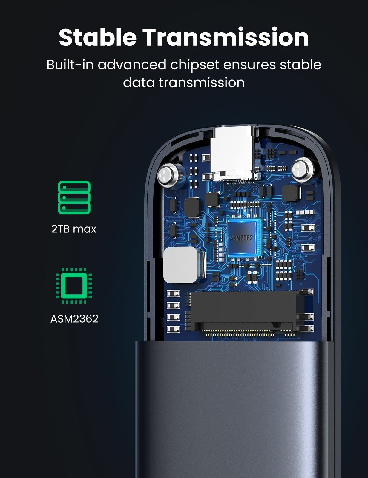 UGREEN 60354 Enclosure for M.2 PCI-E NVME SSD, showcasing its sleek aluminum design and USB-C interface.