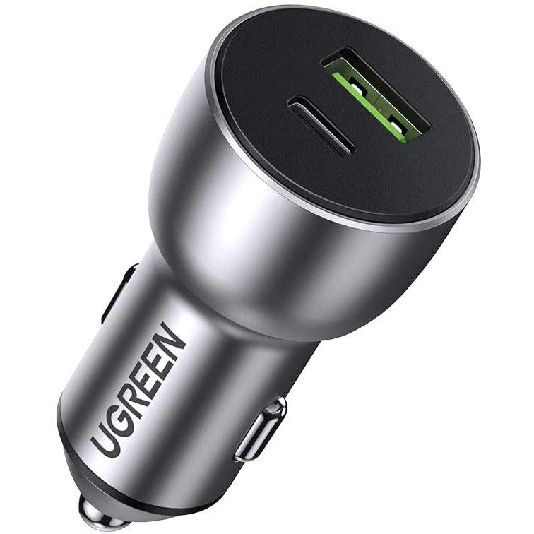 UGREEN 60980 36W PD QC 3.0 Fast Car Charger with dual USB ports and compact design, ideal for fast charging on the go.