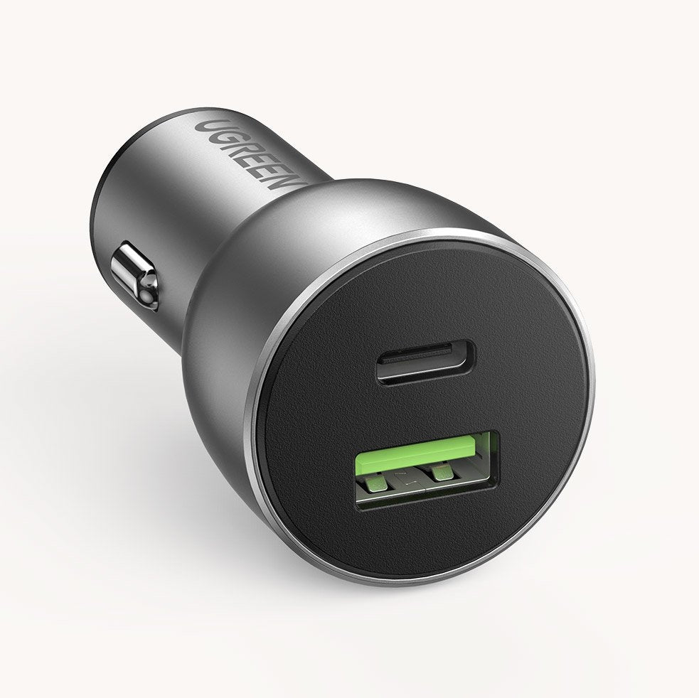 UGREEN 60980 36W PD QC 3.0 Fast Car Charger with dual USB ports and compact design, ideal for fast charging on the go.