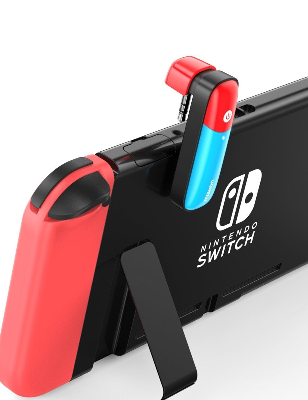 UGREEN 80188 Bluetooth 5.0 Switch Transmitter connected to Nintendo Switch, showcasing its sleek design and USB-C port.