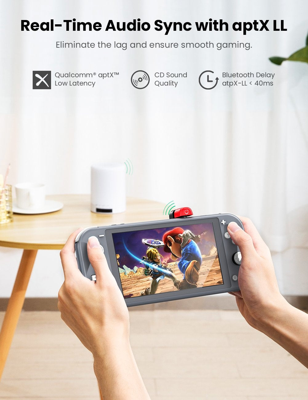 UGREEN 80188 Bluetooth 5.0 Switch Transmitter connected to Nintendo Switch, showcasing its sleek design and USB-C port.