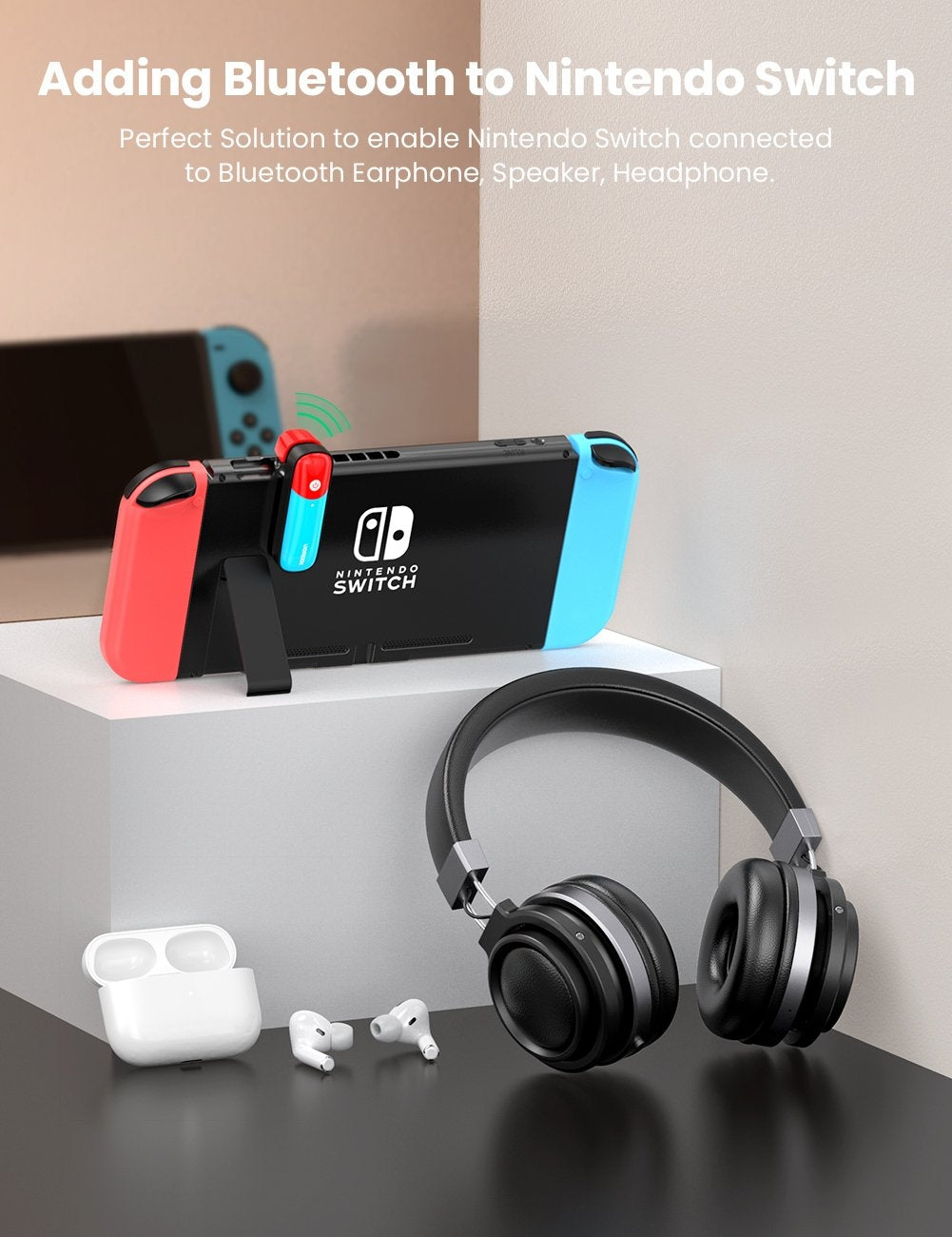 UGREEN 80188 Bluetooth 5.0 Switch Transmitter connected to Nintendo Switch, showcasing its sleek design and USB-C port.