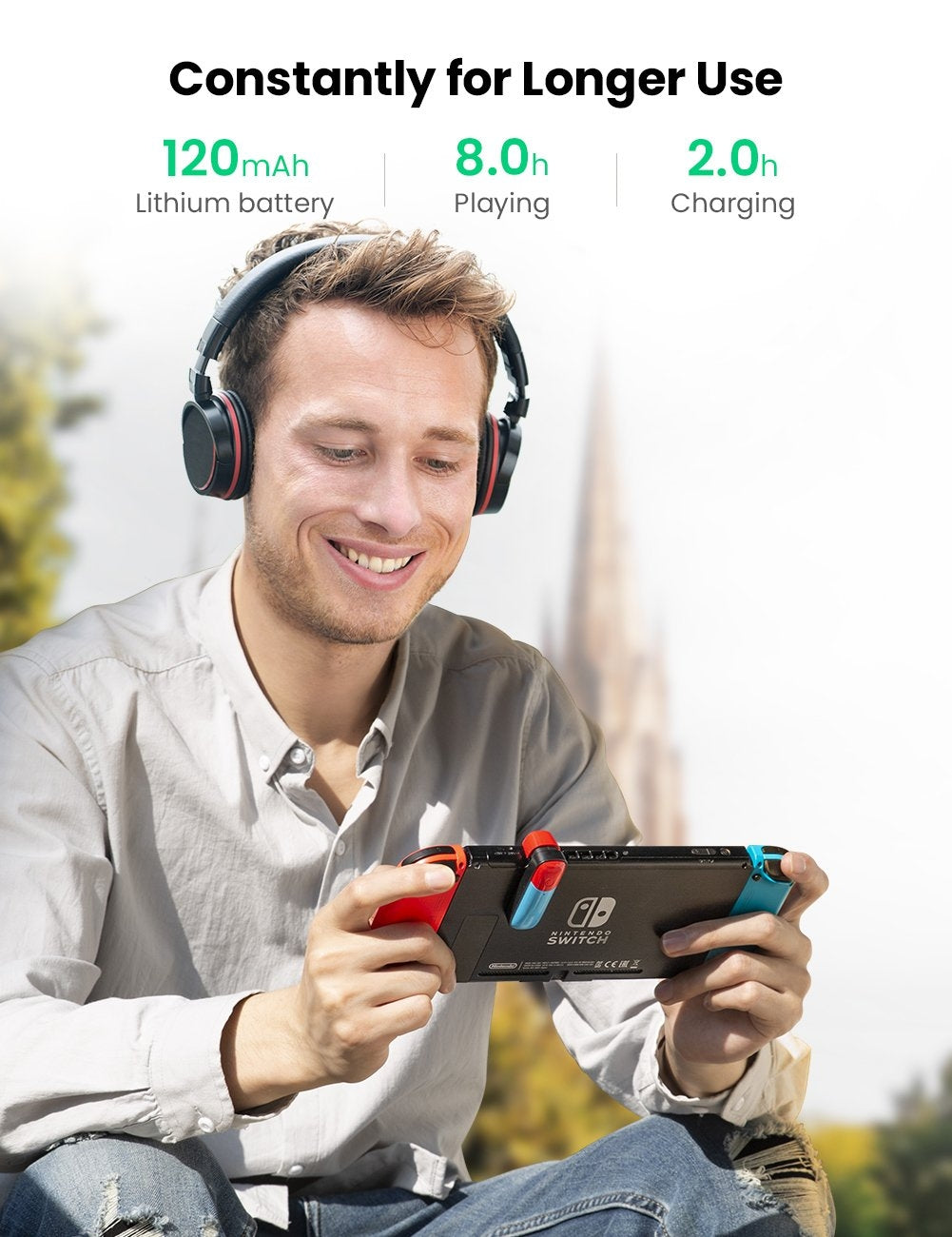 UGREEN 80188 Bluetooth 5.0 Switch Transmitter connected to Nintendo Switch, showcasing its sleek design and USB-C port.