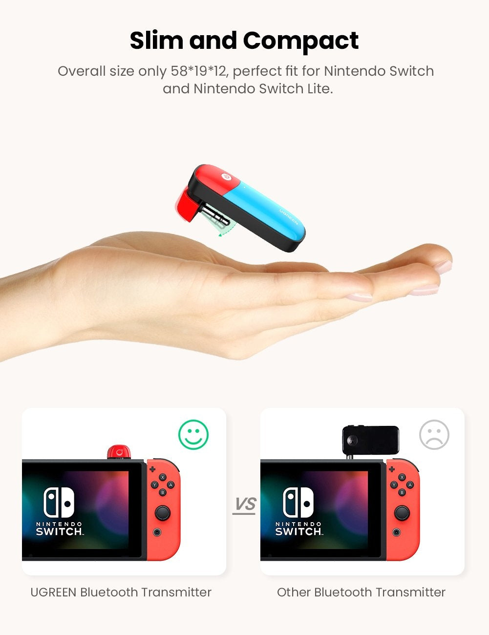 UGREEN 80188 Bluetooth 5.0 Switch Transmitter connected to Nintendo Switch, showcasing its sleek design and USB-C port.