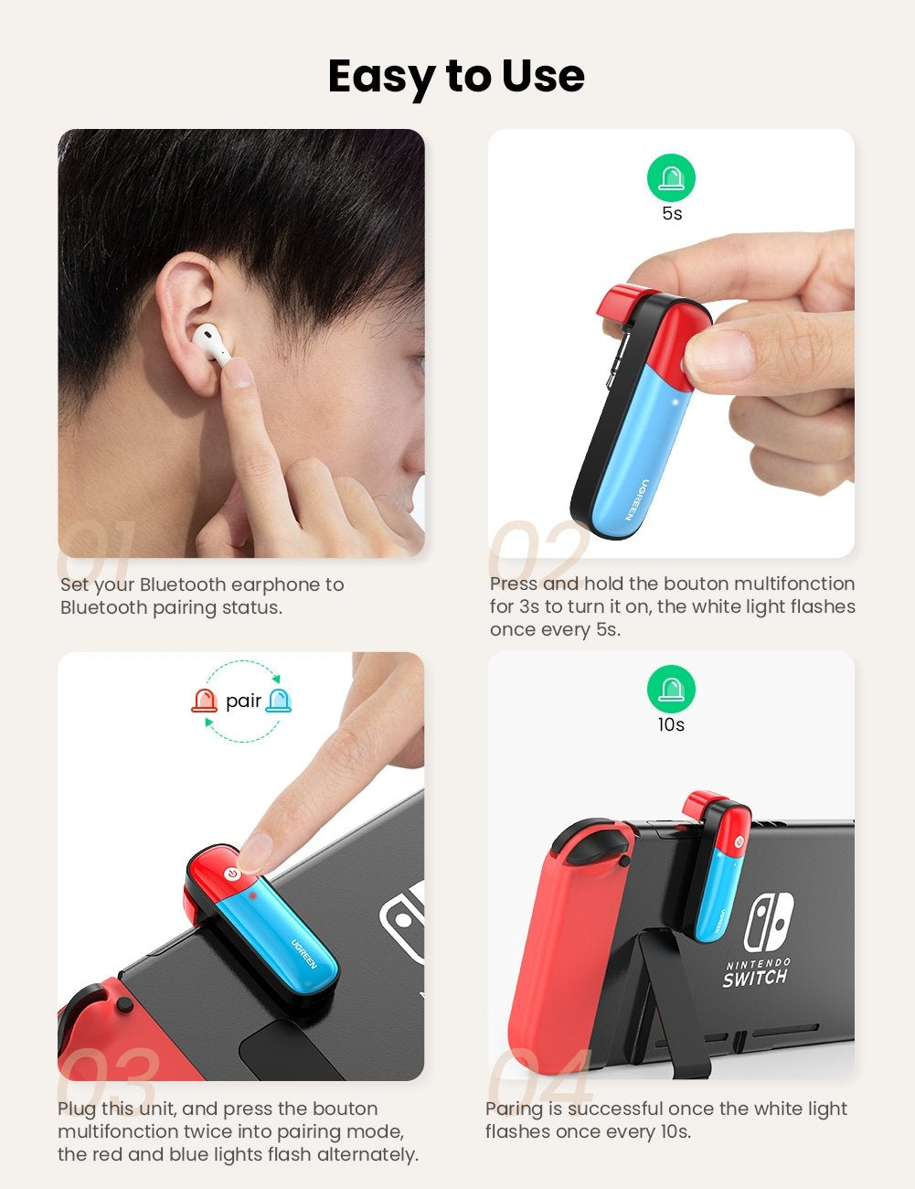 UGREEN 80188 Bluetooth 5.0 Switch Transmitter connected to Nintendo Switch, showcasing its sleek design and USB-C port.