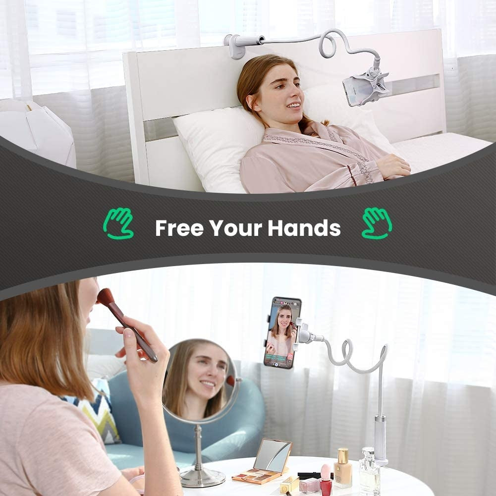 UGREEN 80515 Universal Phone Holder with a long flexible arm, silver color, designed for secure phone mounting and comfortable viewing.