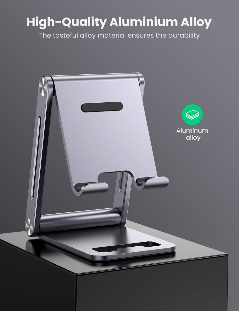 UGREEN 80708 Adjustable Aluminum Phone Holder in sleek design, showcasing its sturdy base and adjustable features for smartphones.