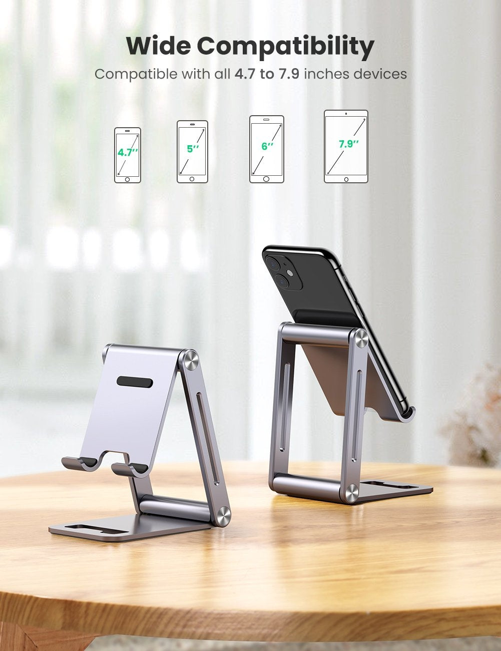 UGREEN 80708 Adjustable Aluminum Phone Holder in sleek design, showcasing its sturdy base and adjustable features for smartphones.