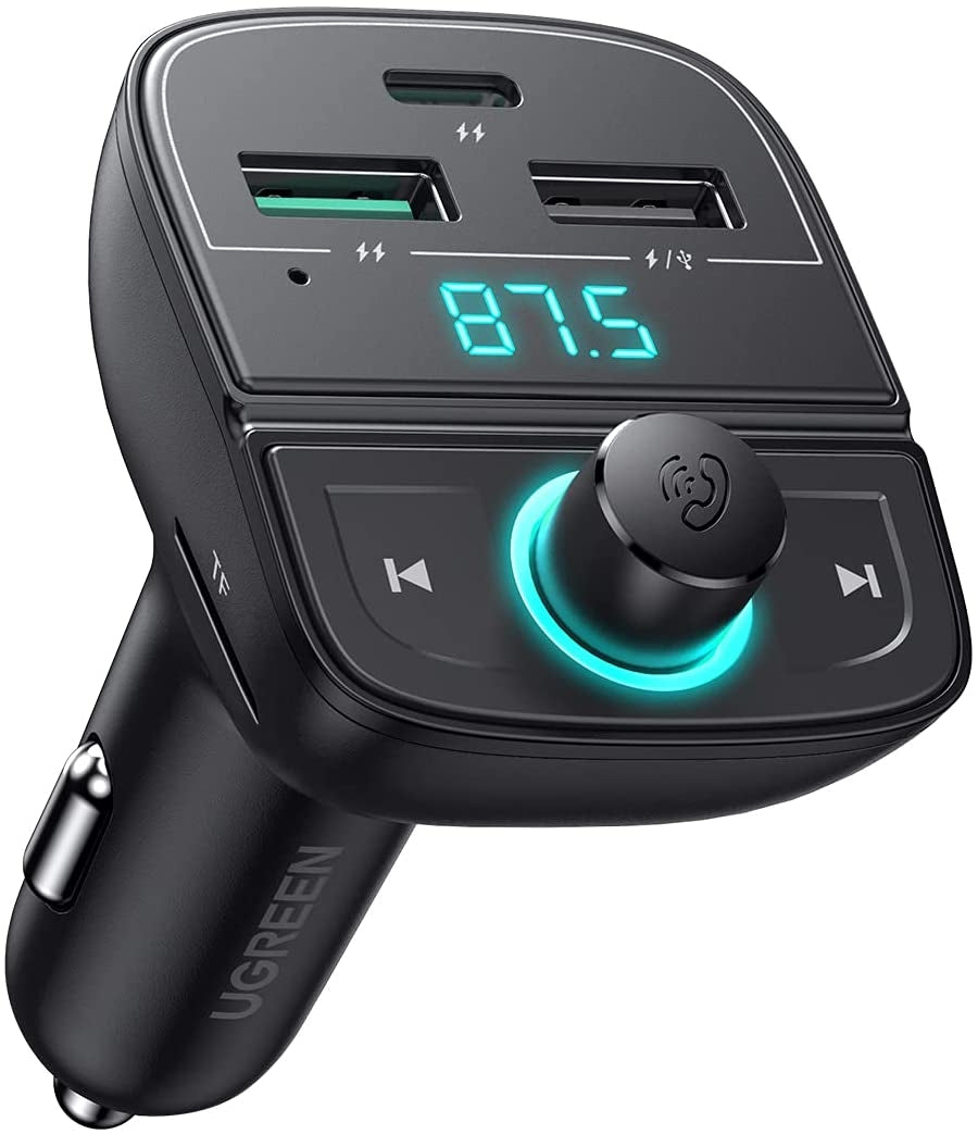 UGREEN 80910 Car Bluetooth 5.0 FM Transmitter with dual USB ports and compact design for hands-free calling and music streaming.