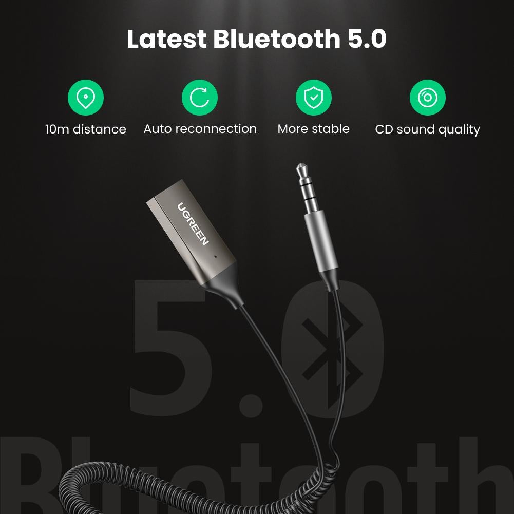 UGREEN USB 2.0 to 3.5mm Bluetooth Adapter with AUX and USB connections, compact design for wireless audio streaming.