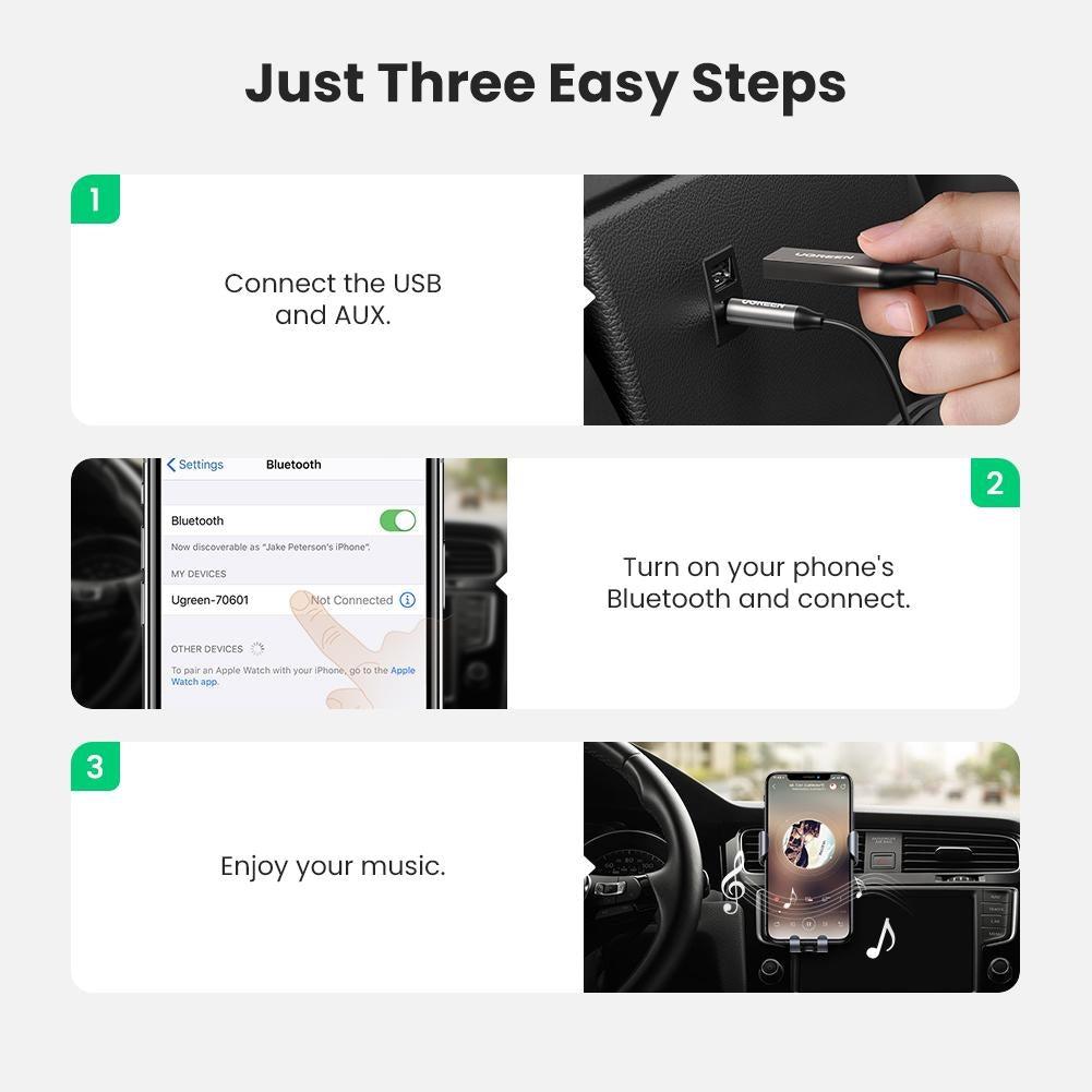 UGREEN USB 2.0 to 3.5mm Bluetooth Adapter with AUX and USB connections, compact design for wireless audio streaming.