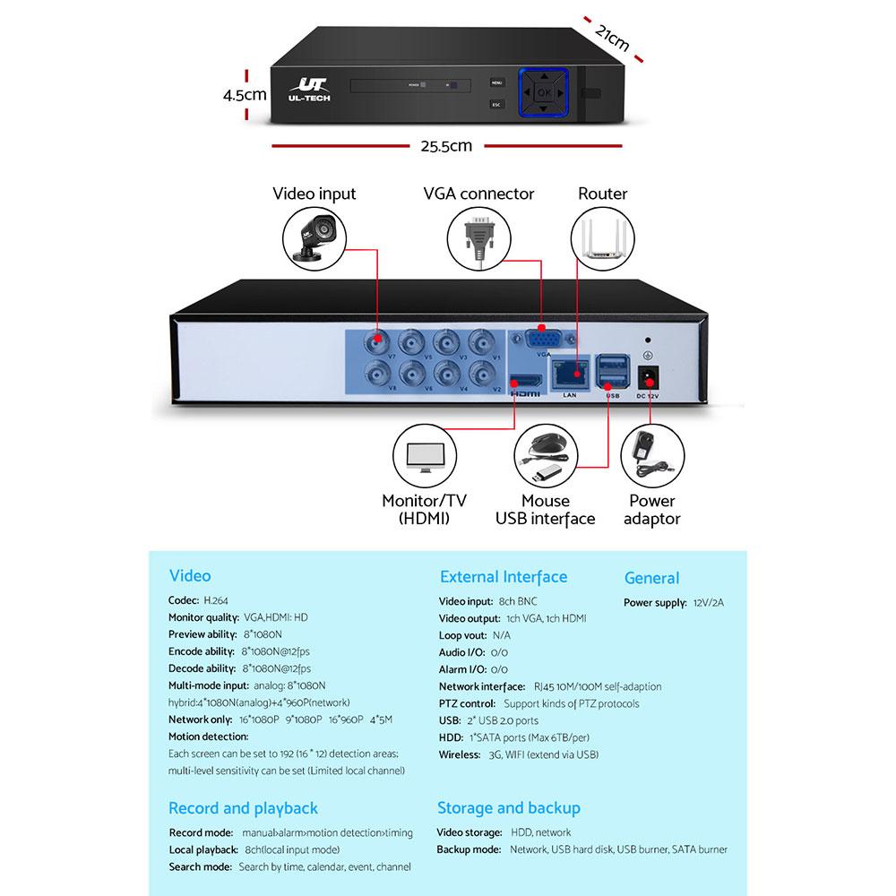 UL-tech CCTV Camera Home Security System with 8 channels and 1TB hard drive, showcasing high-definition cameras and DVR.