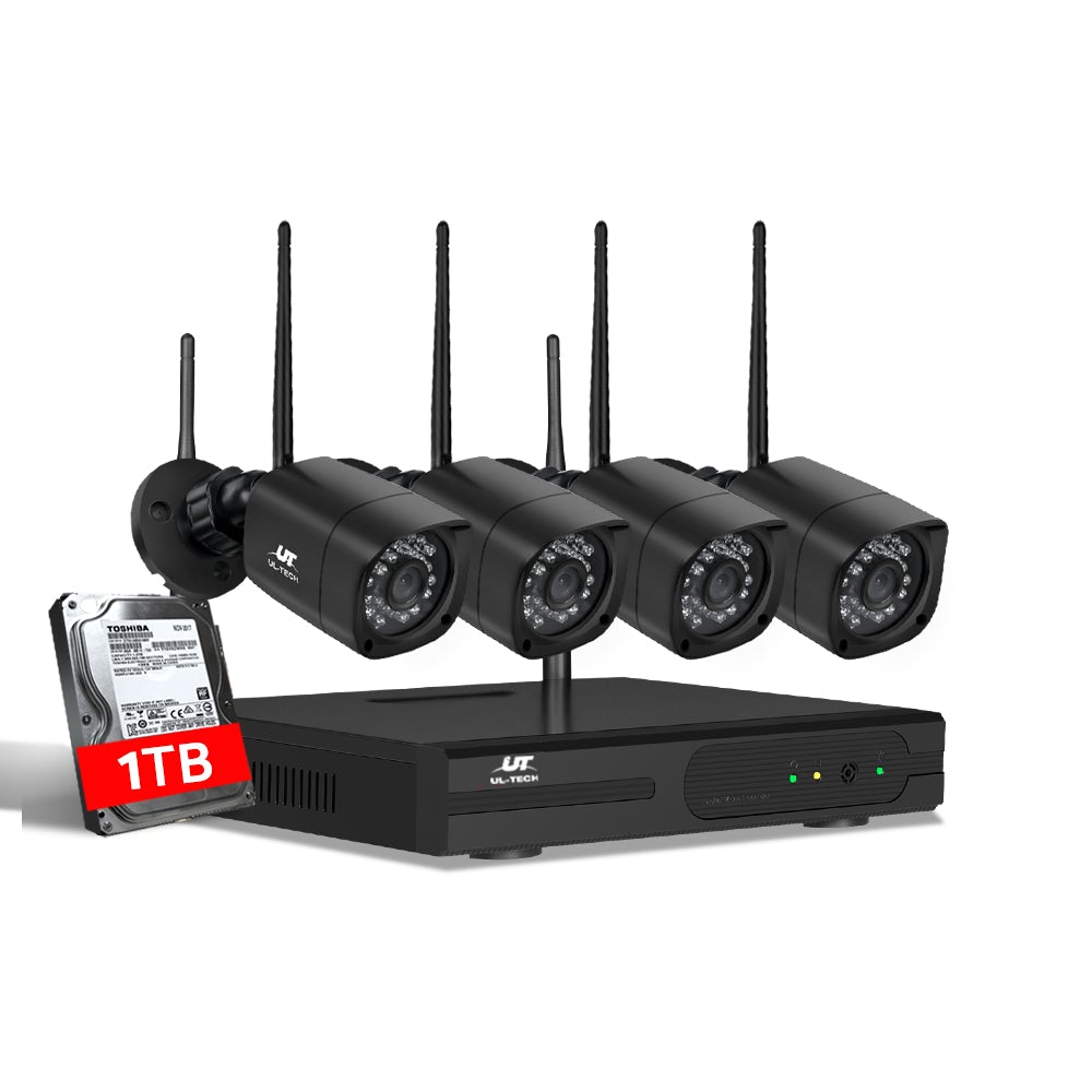 UL-tech CCTV Wireless Security Camera System with four cameras and NVR, showcasing modern design and advanced features for home security.