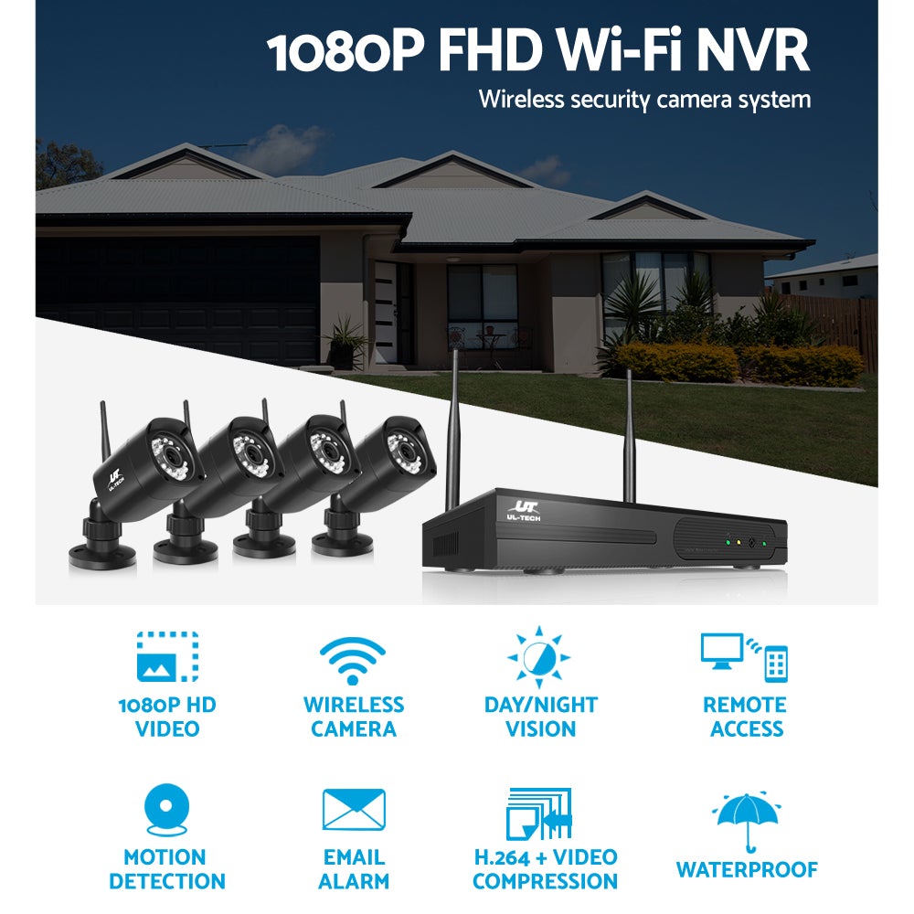 UL-tech CCTV Wireless Security Camera System with four cameras and NVR, showcasing modern design and advanced features for home security.