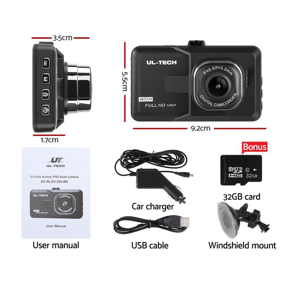 UL-TECH Dash Camera 1080P HD Cam with a 3-inch screen and wide-angle lens, showcasing its sleek design and features.