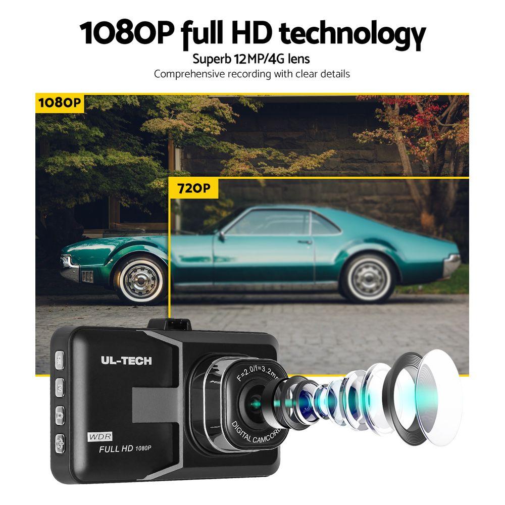 UL-TECH Dash Camera 1080P HD Cam with a 3-inch screen and wide-angle lens, showcasing its sleek design and features.