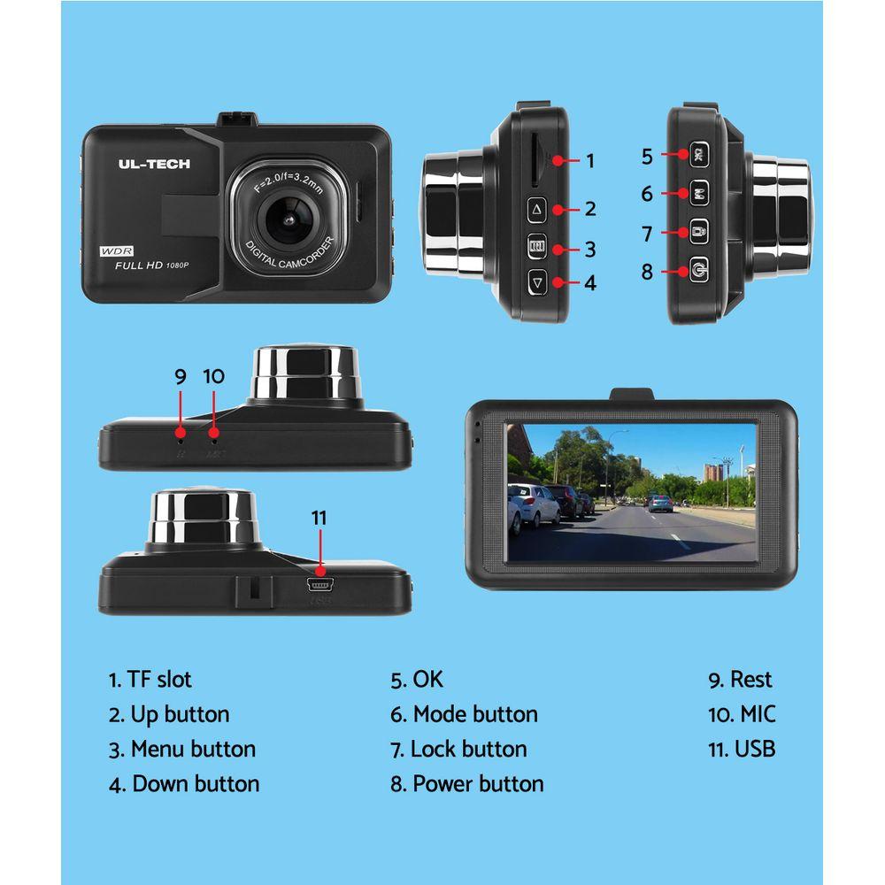 UL-TECH Dash Camera 1080P HD Cam with a 3-inch screen and wide-angle lens, showcasing its sleek design and features.