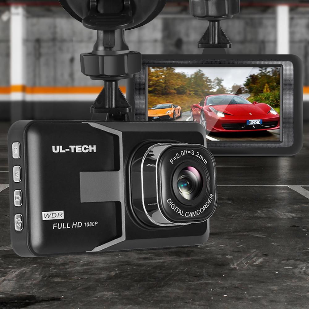 UL-TECH Dash Camera 1080P HD Cam with a 3-inch screen and wide-angle lens, showcasing its sleek design and features.