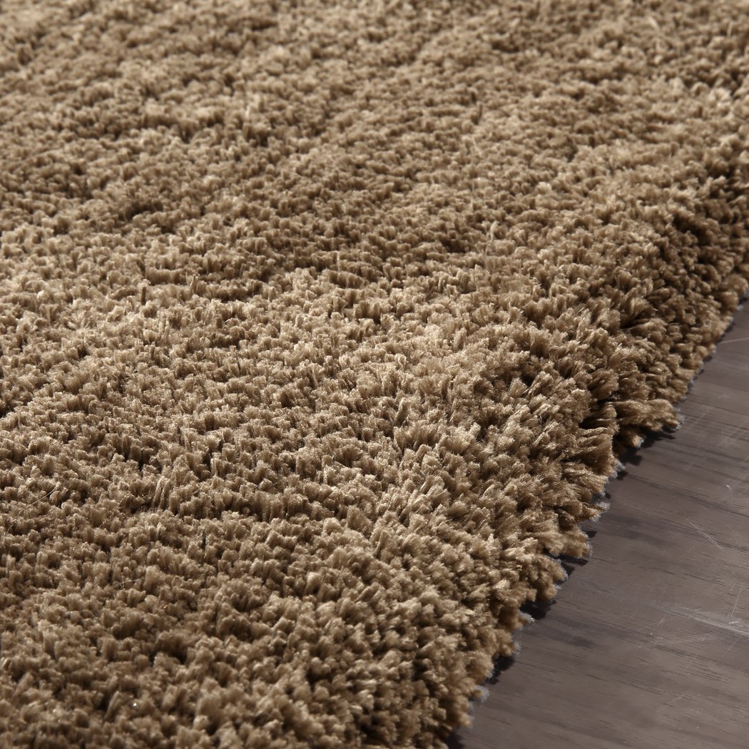 Ultra Soft Anti Slip Rectangle Plush Shaggy Floor Rug in Taupe, showcasing its thick pile and non-slip backing.