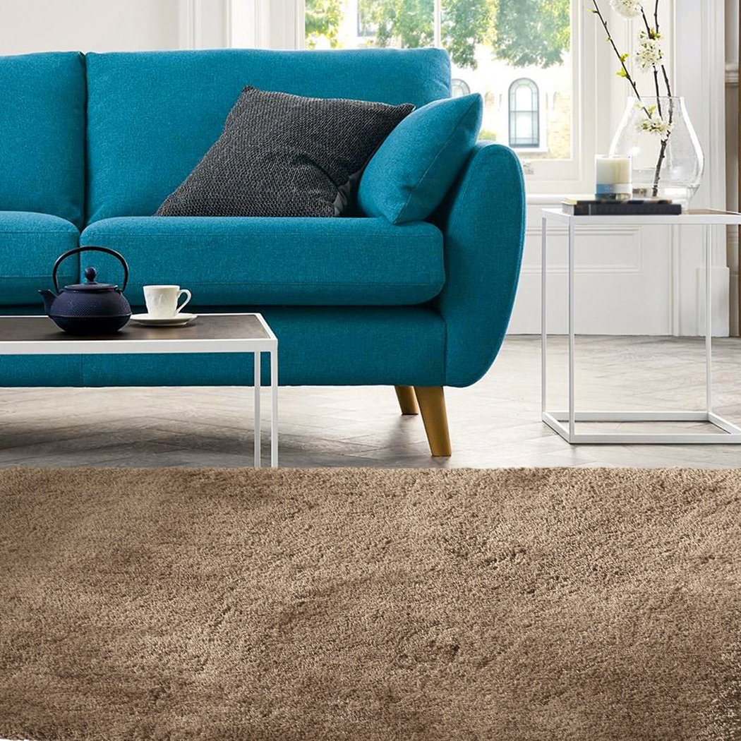 Ultra Soft Anti Slip Rectangle Plush Shaggy Floor Rug in Taupe, showcasing its thick pile and non-slip backing.