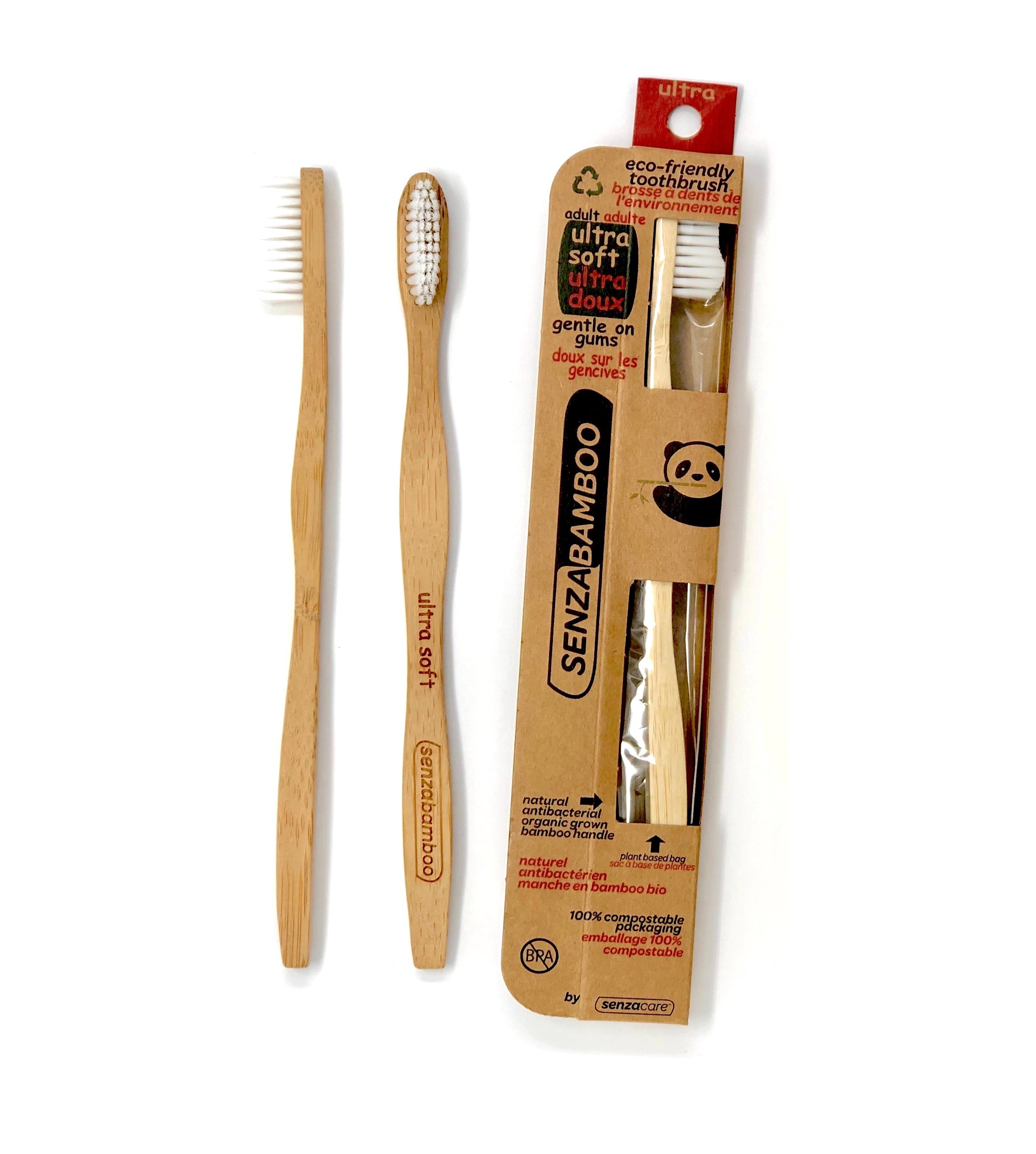 Ultra Soft Bamboo Toothbrush with a gentle nylon bristle head and an ergonomic bamboo handle, showcasing its eco-friendly design.