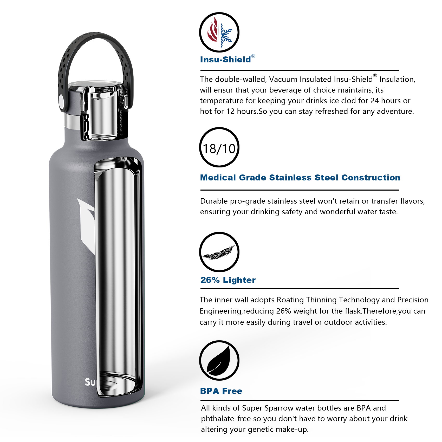 Ultra-Light Stainless Steel Water Bottle, 25OZ / 750ML, featuring a sleek design and durable construction for optimal hydration.