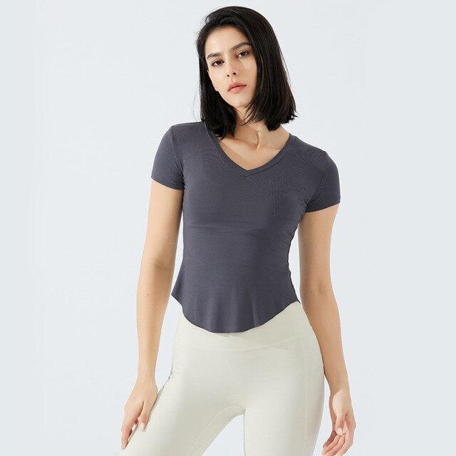 Ultralight V-neck Sport Fitness T-shirt for women, showcasing breathable fabric and slim fit design, perfect for workouts.