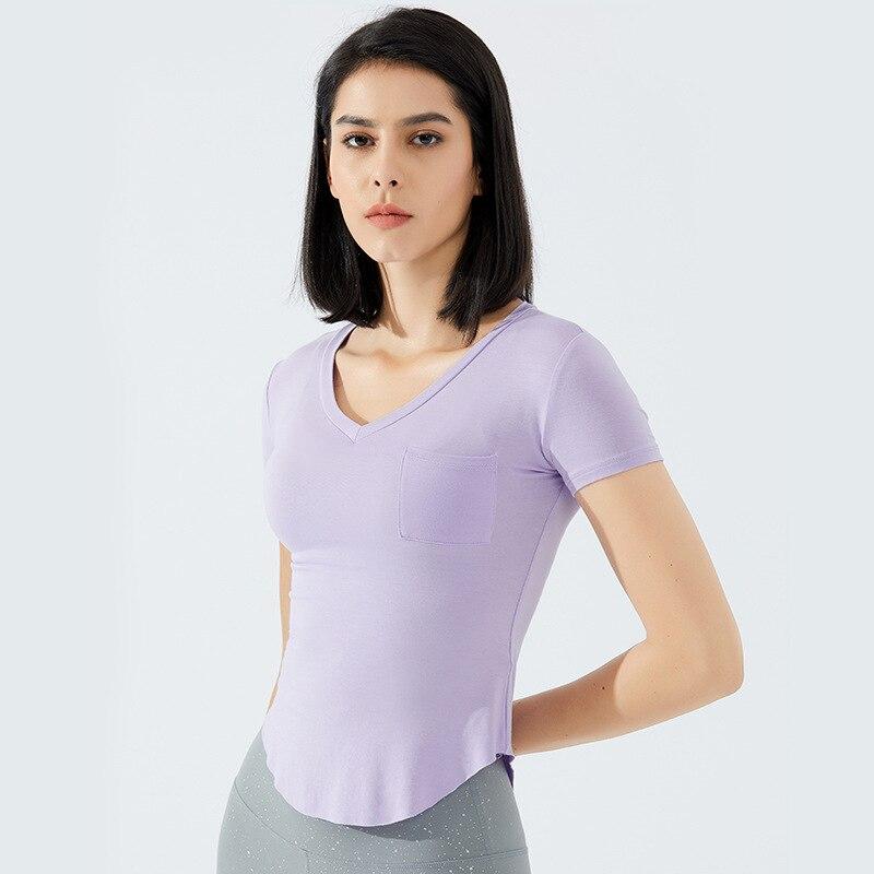 Ultralight V-neck Sport Fitness T-shirt for women, showcasing breathable fabric and slim fit design, perfect for workouts.