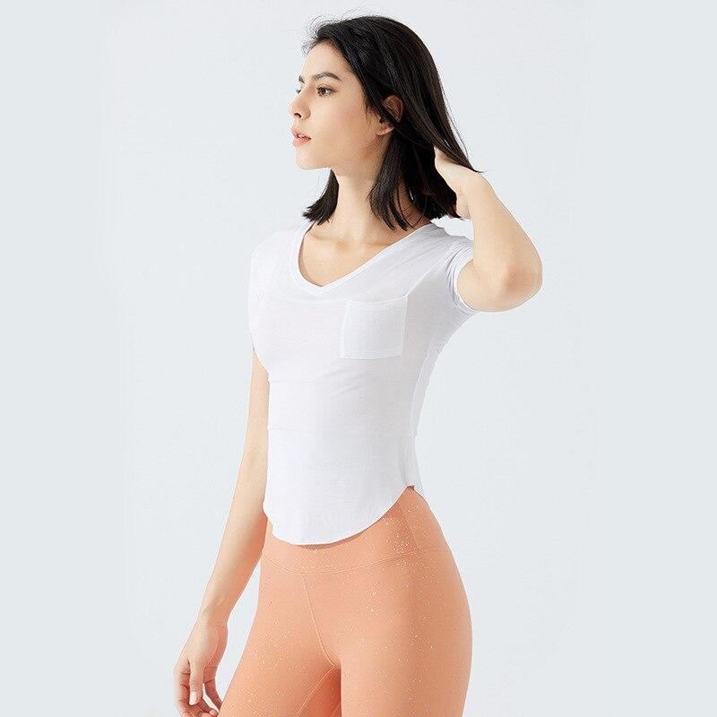 Ultralight V-neck Sport Fitness T-shirt for women, showcasing breathable fabric and slim fit design, perfect for workouts.