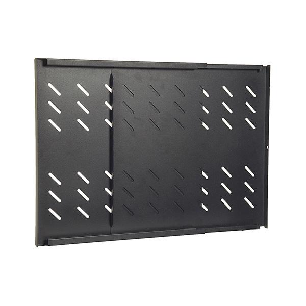 Universal Adjustable Shelf designed for 800mm to 1000mm deep cabinets, featuring a sturdy black steel construction and perforated design for equipment tie-down.