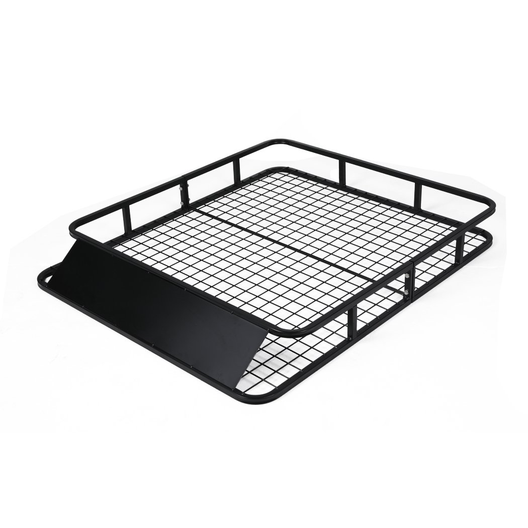 Universal Roof Rack Basket made of heavy-duty powder-coated steel, designed for luggage storage on vehicles, featuring a wind deflector and spacious design.