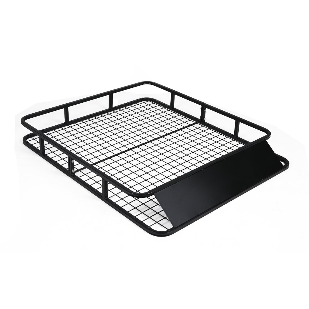 Universal Roof Rack Basket made of heavy-duty powder-coated steel, designed for luggage storage on vehicles, featuring a wind deflector and spacious design.