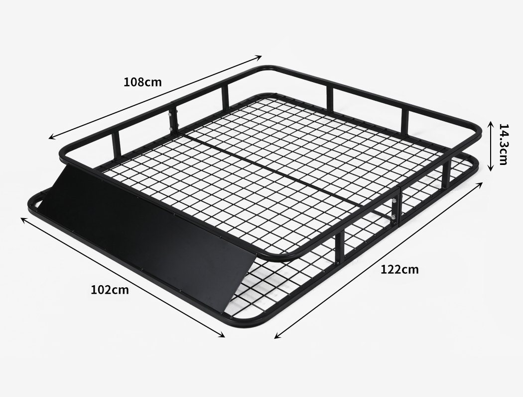 Universal Roof Rack Basket made of heavy-duty powder-coated steel, designed for luggage storage on vehicles, featuring a wind deflector and spacious design.