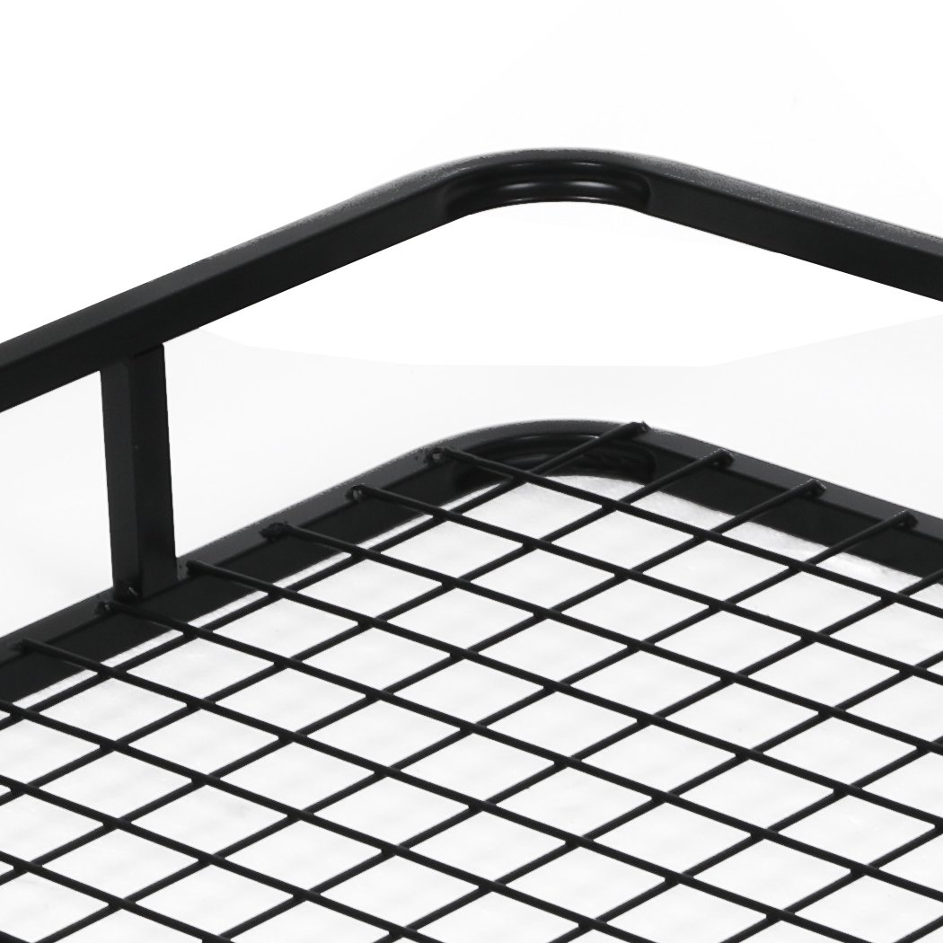 Universal Roof Rack Basket made of heavy-duty powder-coated steel, designed for luggage storage on vehicles, featuring a wind deflector and spacious design.