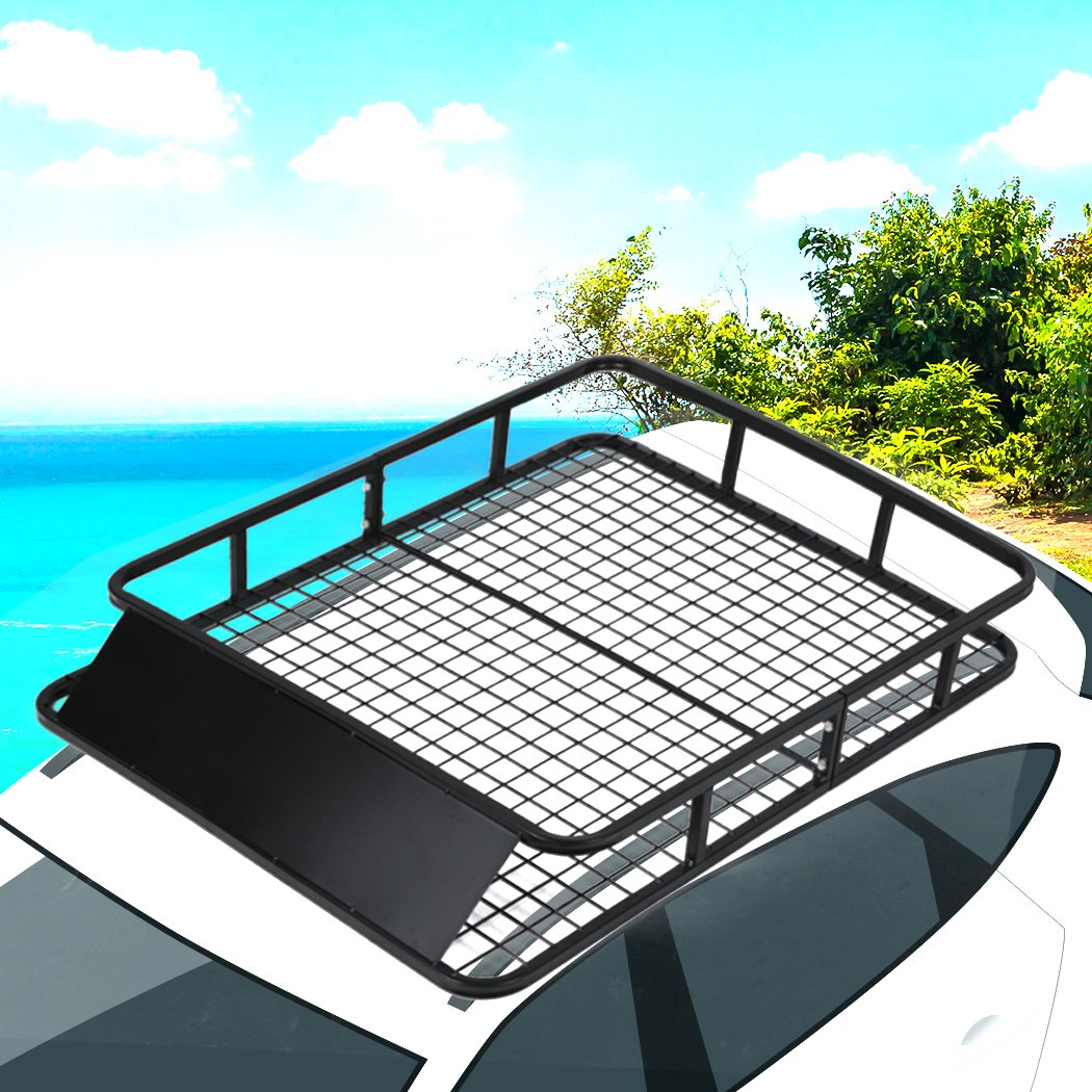 Universal Roof Rack Basket made of heavy-duty powder-coated steel, designed for luggage storage on vehicles, featuring a wind deflector and spacious design.