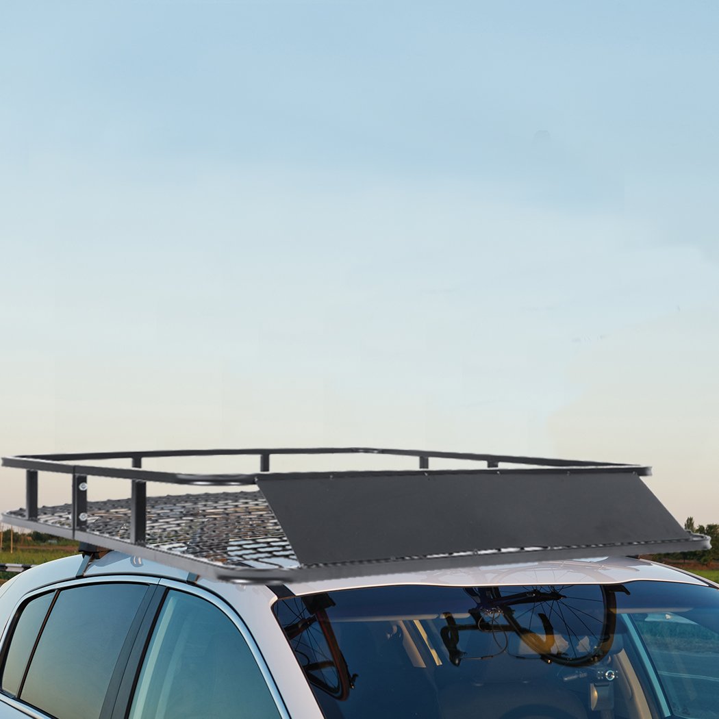 Universal Roof Rack Basket made of heavy-duty powder-coated steel, designed for luggage storage on vehicles, featuring a wind deflector and spacious design.