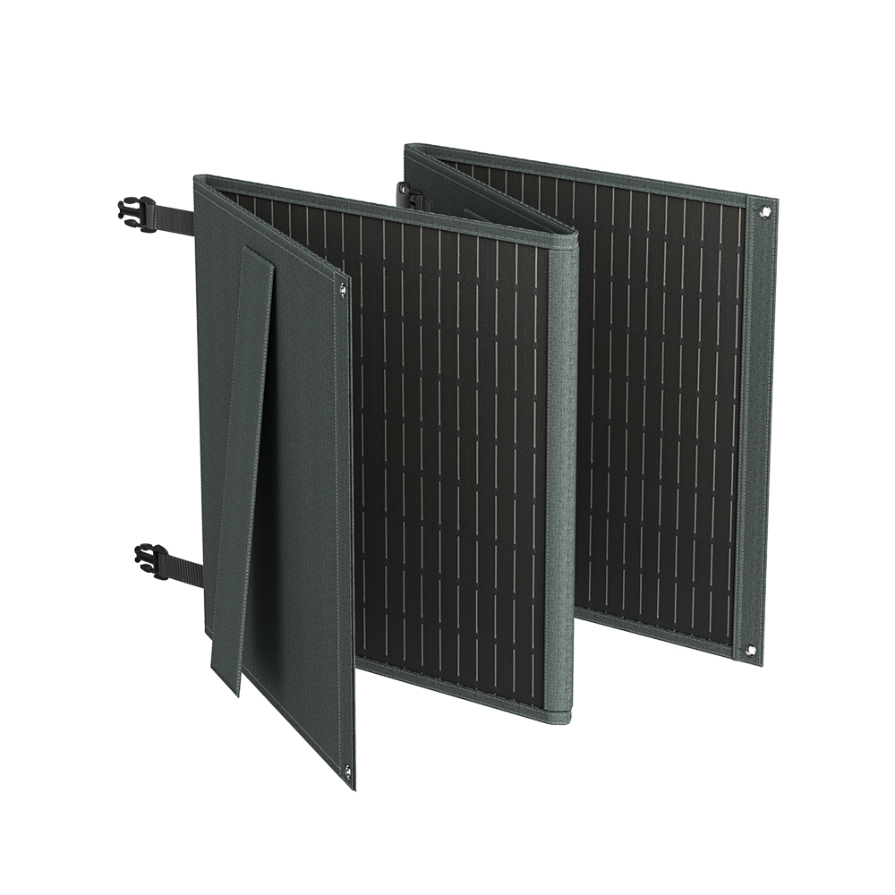 US Foldable Solar Panel POWERWIN 110W PWS110, lightweight and portable with adjustable angle brackets for optimal solar energy absorption.