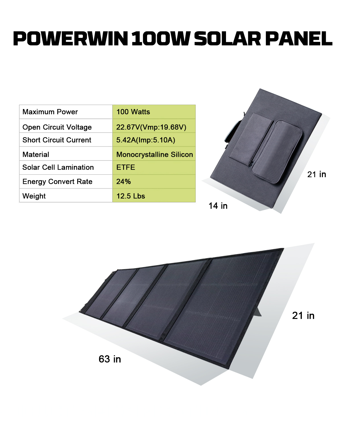 US Foldable Solar Panel PWS100 100W, showcasing its portable design and adjustable kickstand, ideal for outdoor power supply.