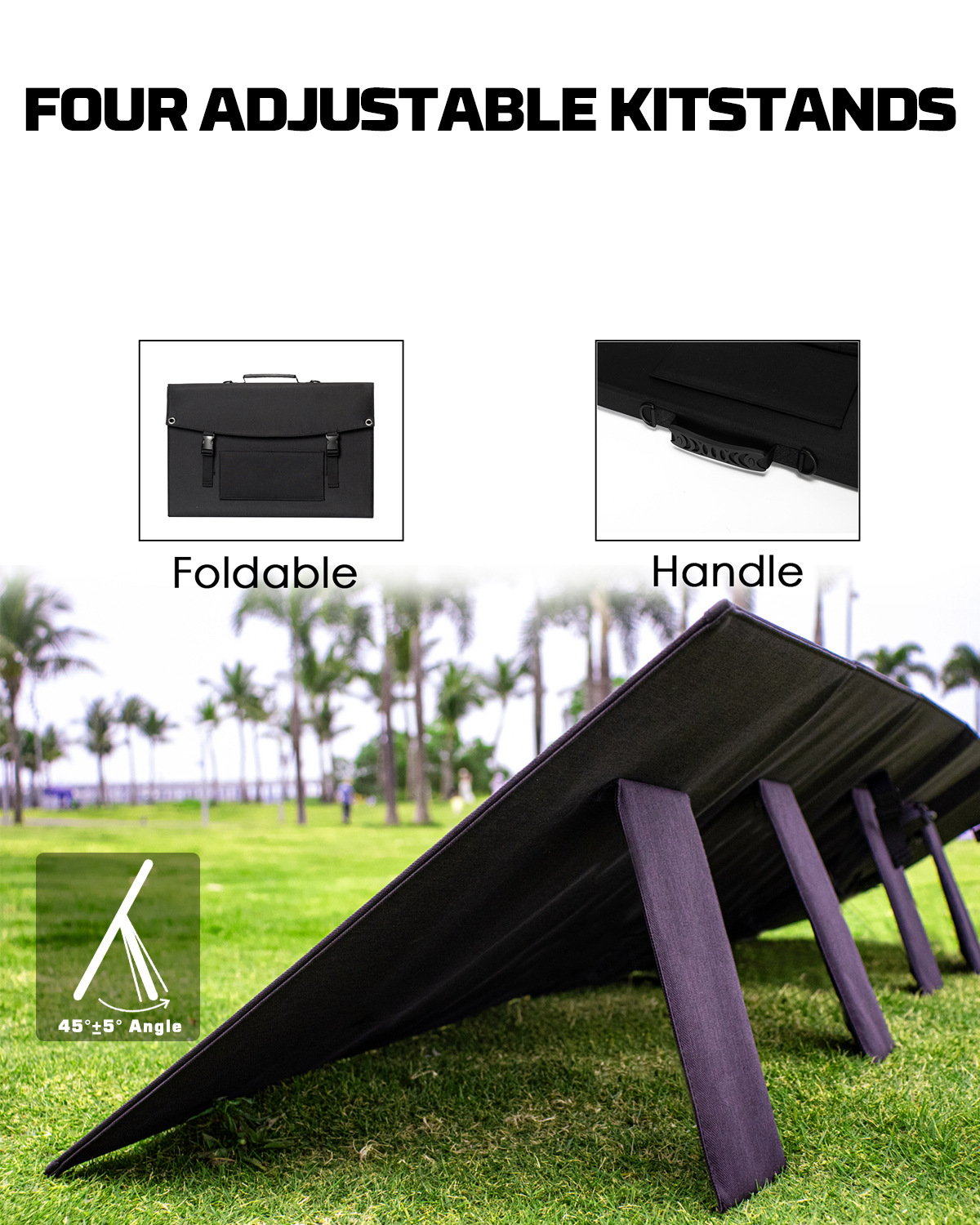 US Foldable Solar Panel PWS100 100W, showcasing its portable design and adjustable kickstand, ideal for outdoor power supply.