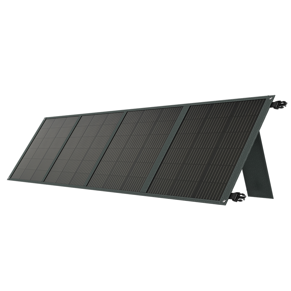 US POWERWIN 220W Foldable Solar Panel PWS220 displayed outdoors, showcasing its portable design and adjustable angle brackets.