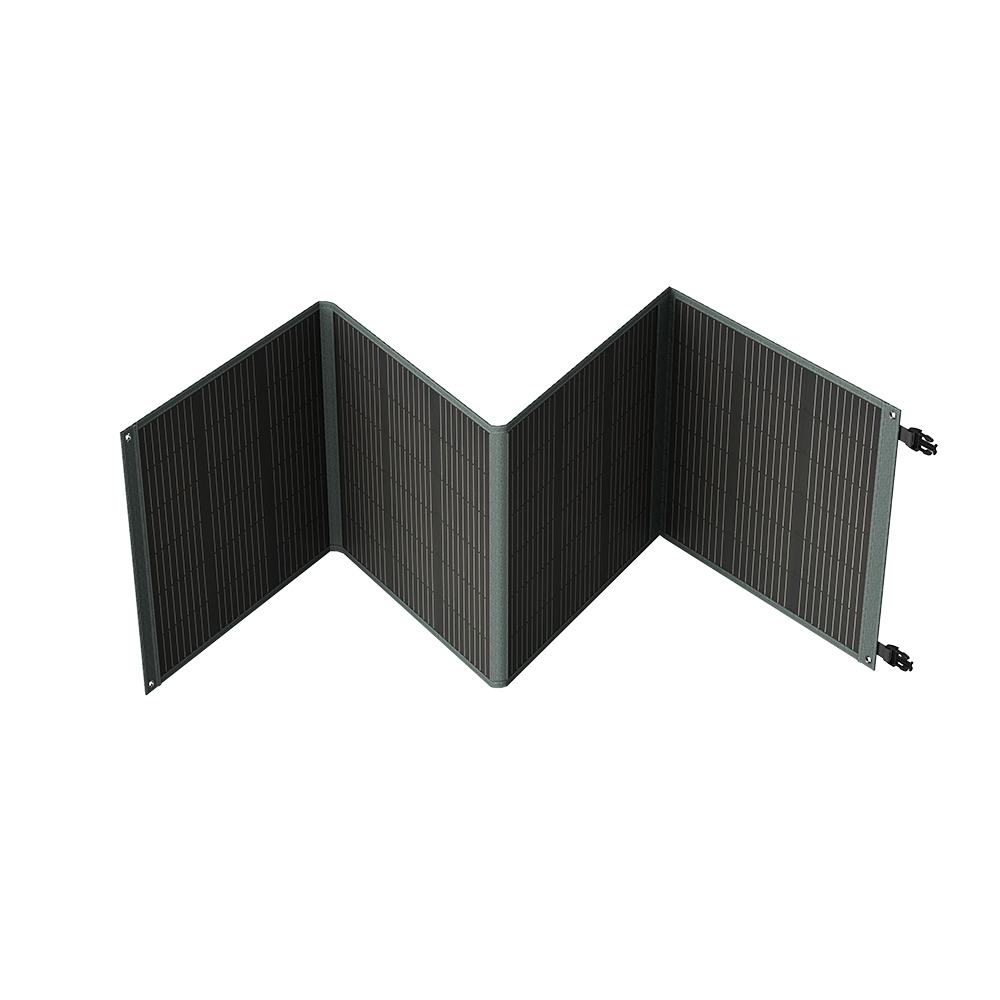 US POWERWIN 220W Foldable Solar Panel PWS220 displayed outdoors, showcasing its portable design and adjustable angle brackets.