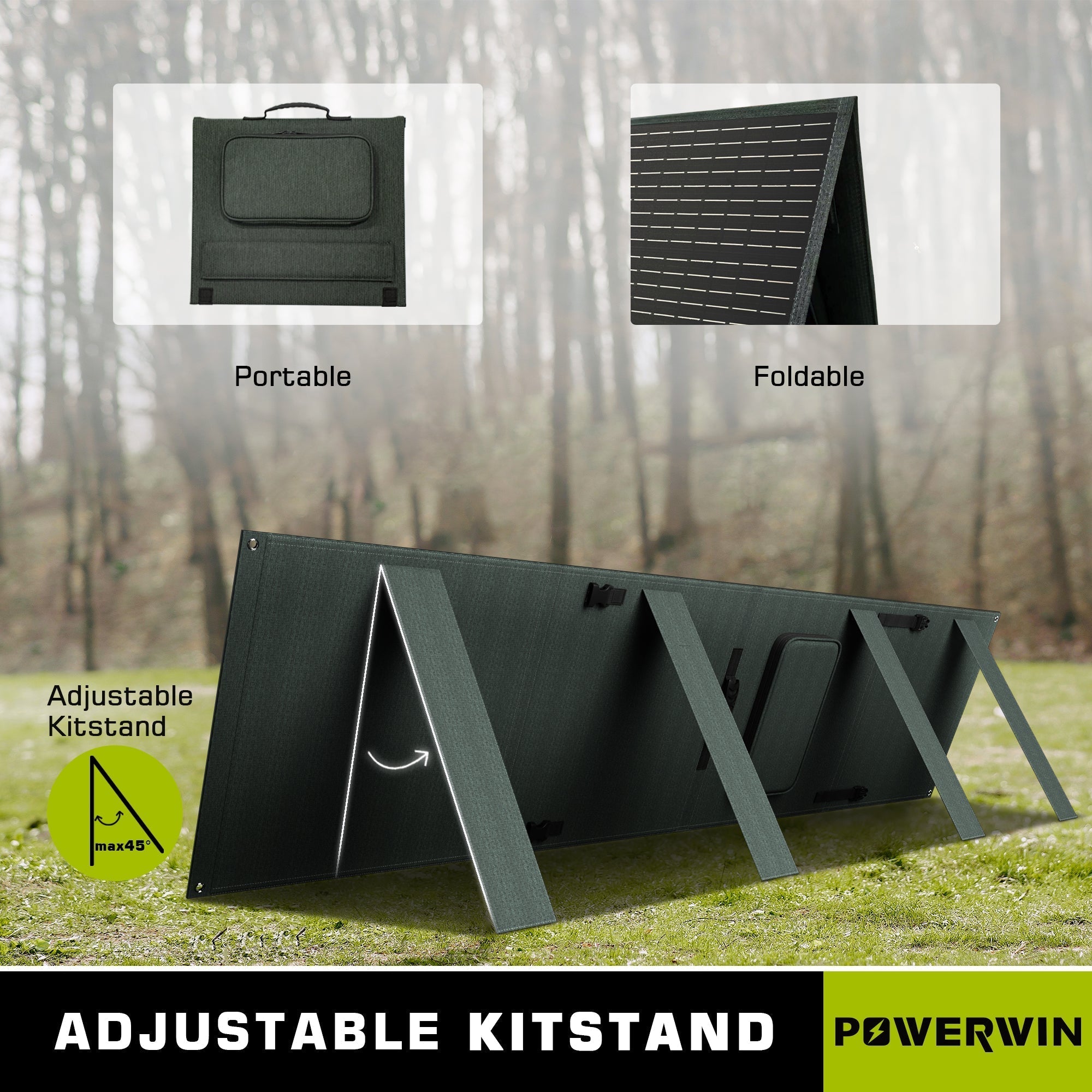 US POWERWIN Foldable Solar Panel PWS110 4 Pack 440W, showcasing four solar panels with adjustable brackets for optimal sunlight absorption.