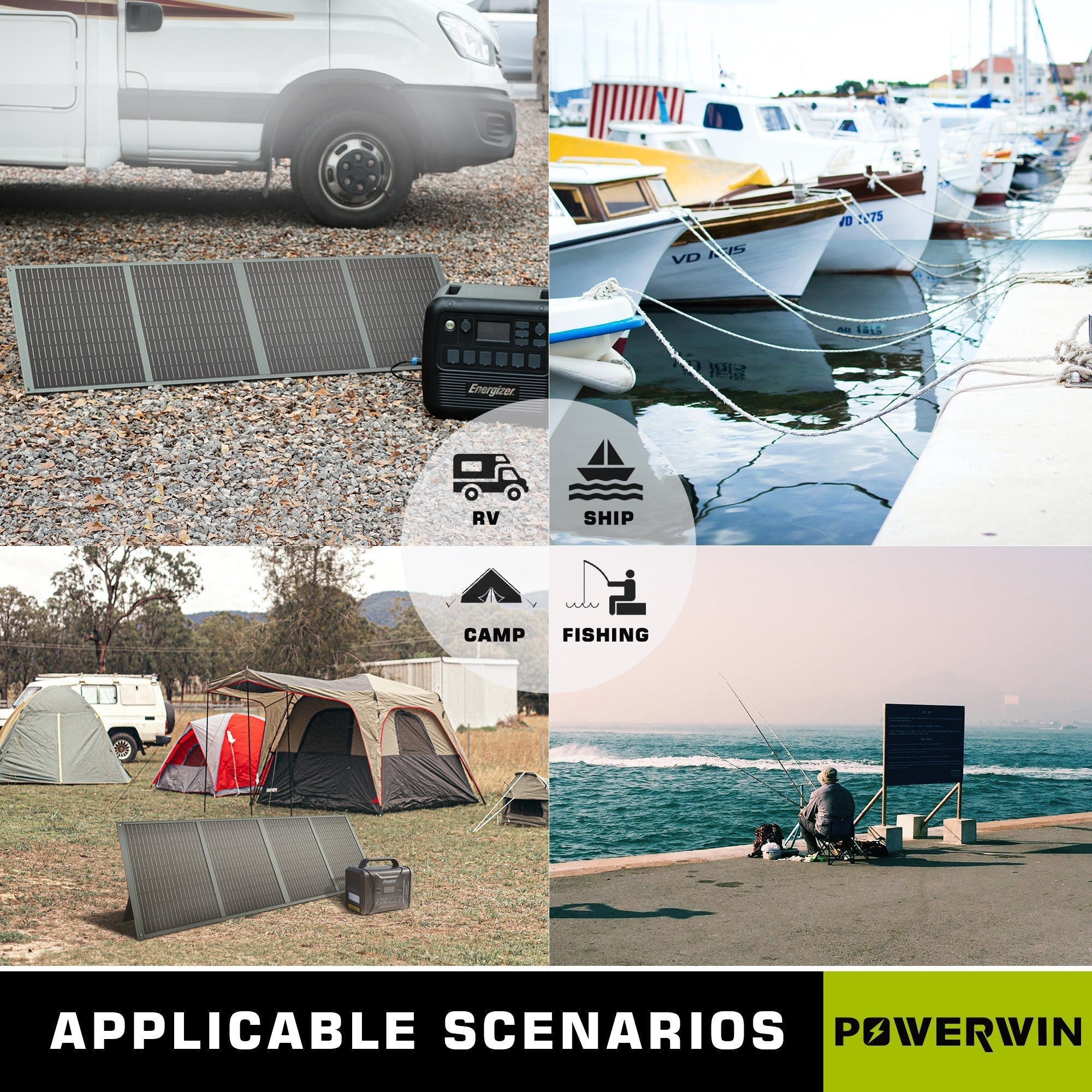 US POWERWIN Foldable Solar Panel PWS110 4 Pack 440W, showcasing four solar panels with adjustable brackets for optimal sunlight absorption.